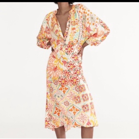 Zara Dress Small White Colorful Patchwork Shimmer Shift 3/4 Sleeve Boho - Picture 3 of 9